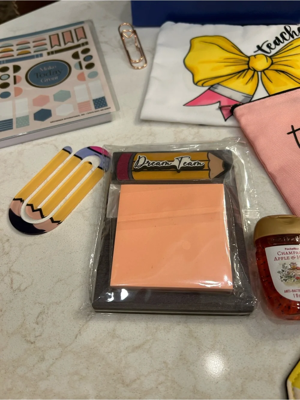 Crayon Blue Kids Tote with Pink 'Teacher Things' Pouch and School Accessories